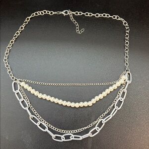 Beautiful Multi Strand Pearl Beaded Chain Statement Necklace with Silvertone